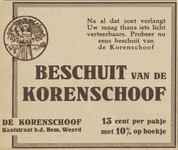 717142 Advertentie voor beschuit van Mij. De Korenschoof, bakkerij, Kaatstraat te Utrecht.